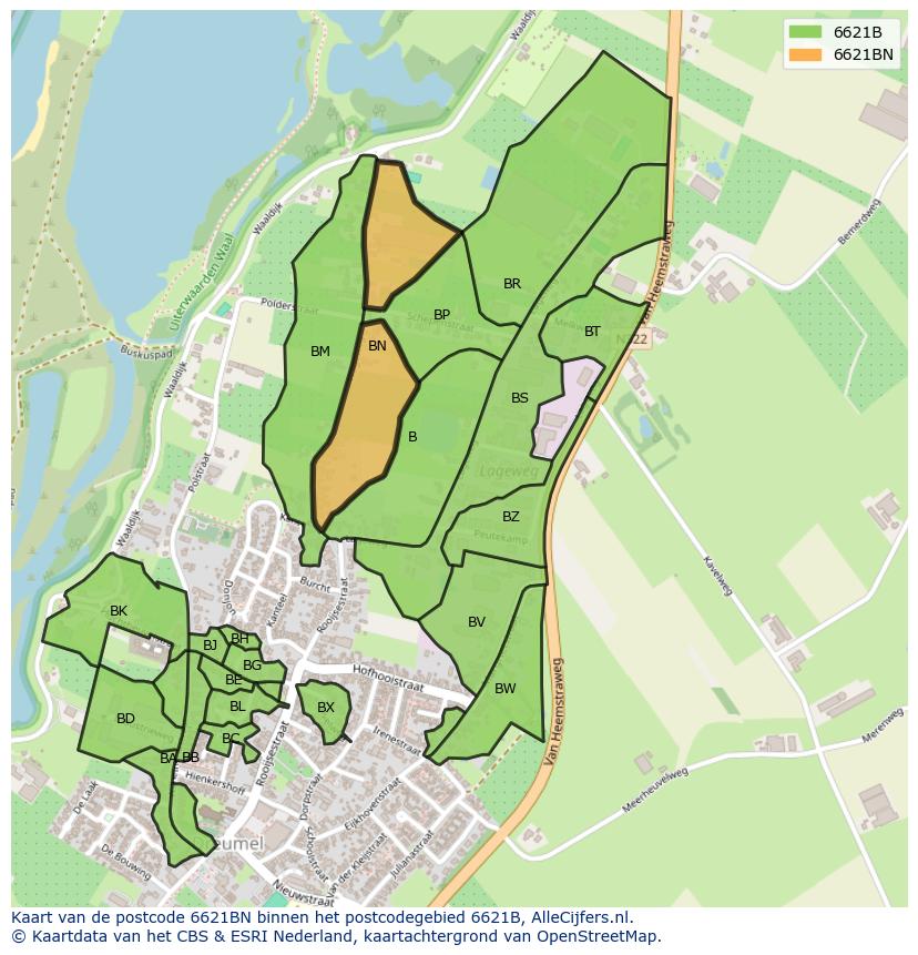 Afbeelding van het postcodegebied 6621 BN op de kaart.