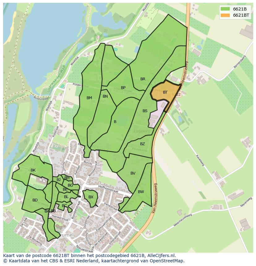 Afbeelding van het postcodegebied 6621 BT op de kaart.
