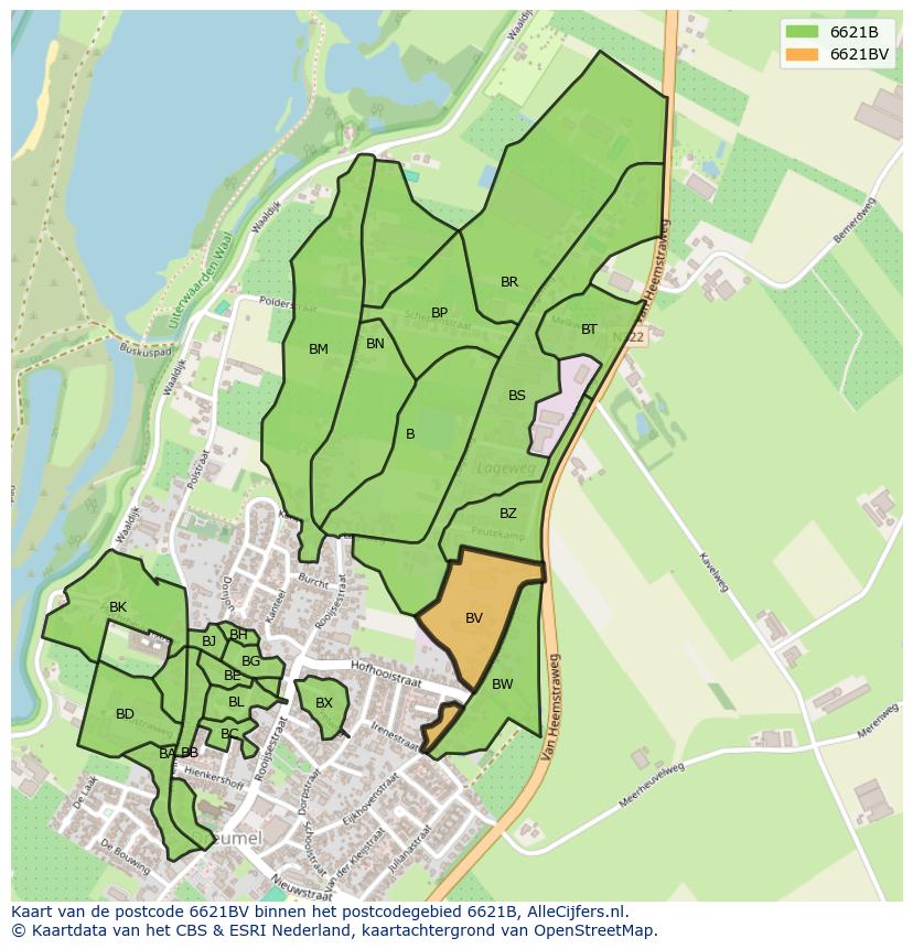Afbeelding van het postcodegebied 6621 BV op de kaart.