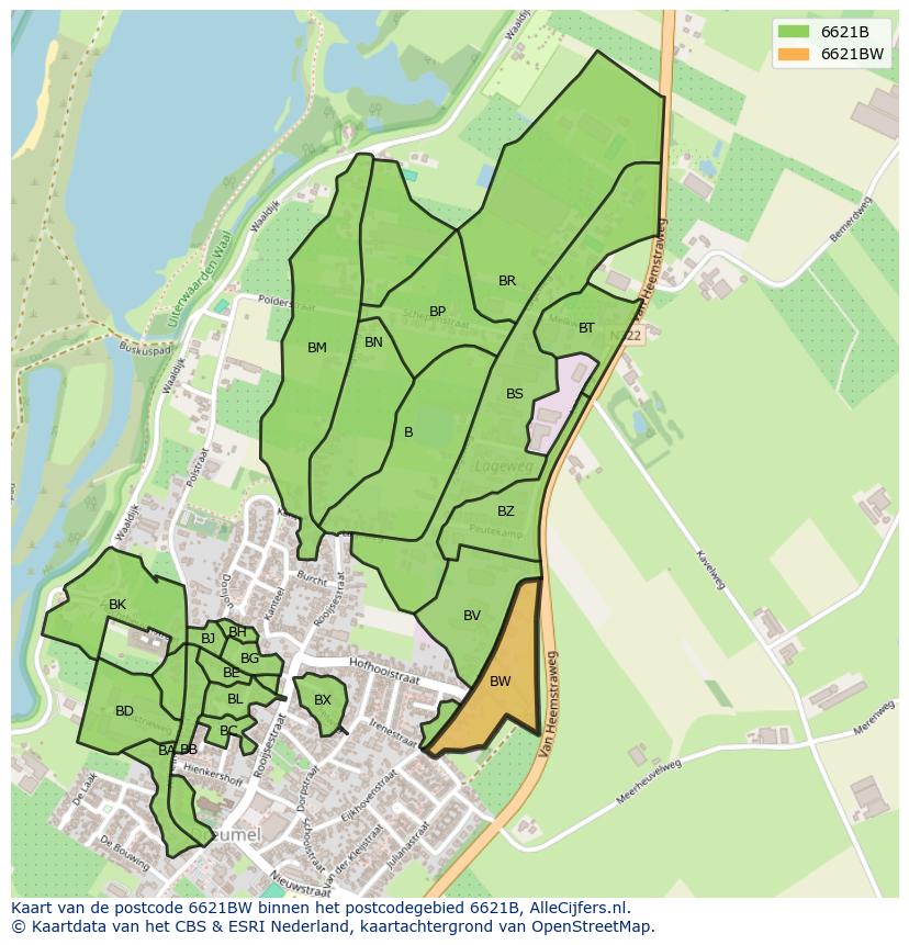 Afbeelding van het postcodegebied 6621 BW op de kaart.