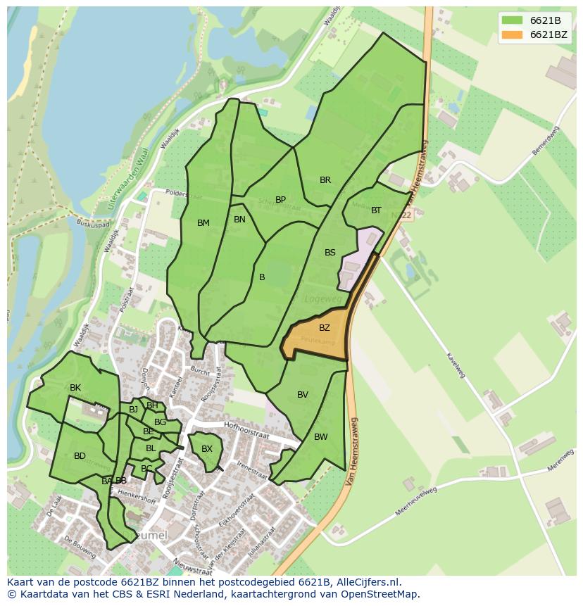 Afbeelding van het postcodegebied 6621 BZ op de kaart.