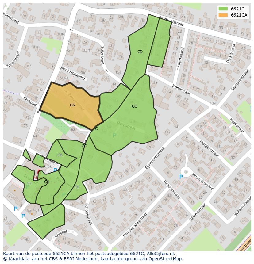 Afbeelding van het postcodegebied 6621 CA op de kaart.