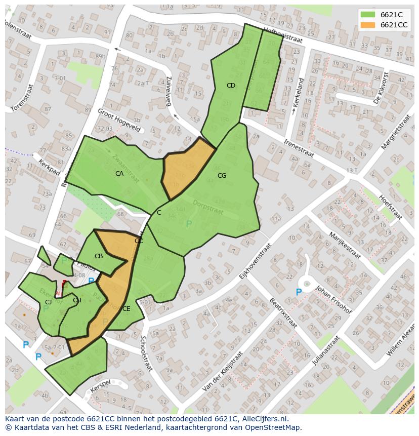 Afbeelding van het postcodegebied 6621 CC op de kaart.