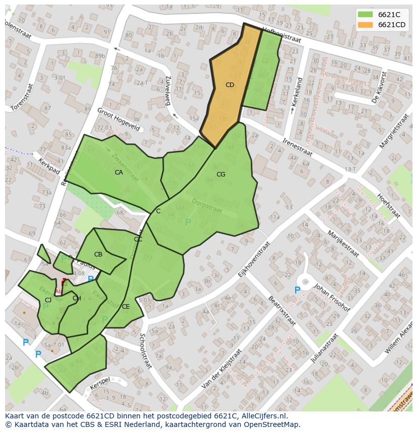 Afbeelding van het postcodegebied 6621 CD op de kaart.