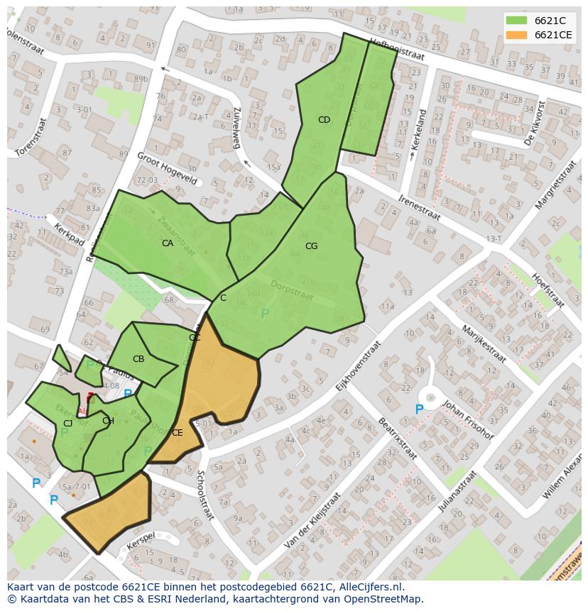 Afbeelding van het postcodegebied 6621 CE op de kaart.