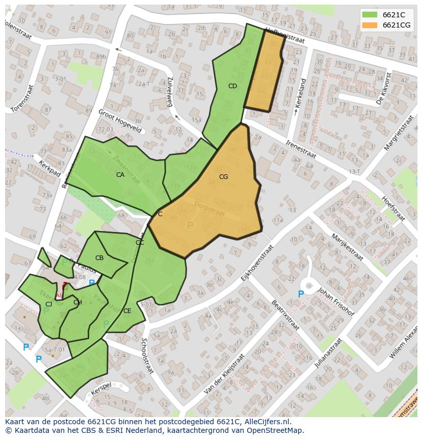 Afbeelding van het postcodegebied 6621 CG op de kaart.