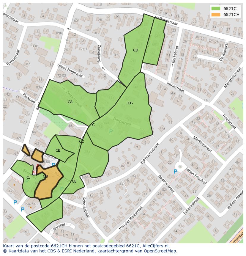 Afbeelding van het postcodegebied 6621 CH op de kaart.