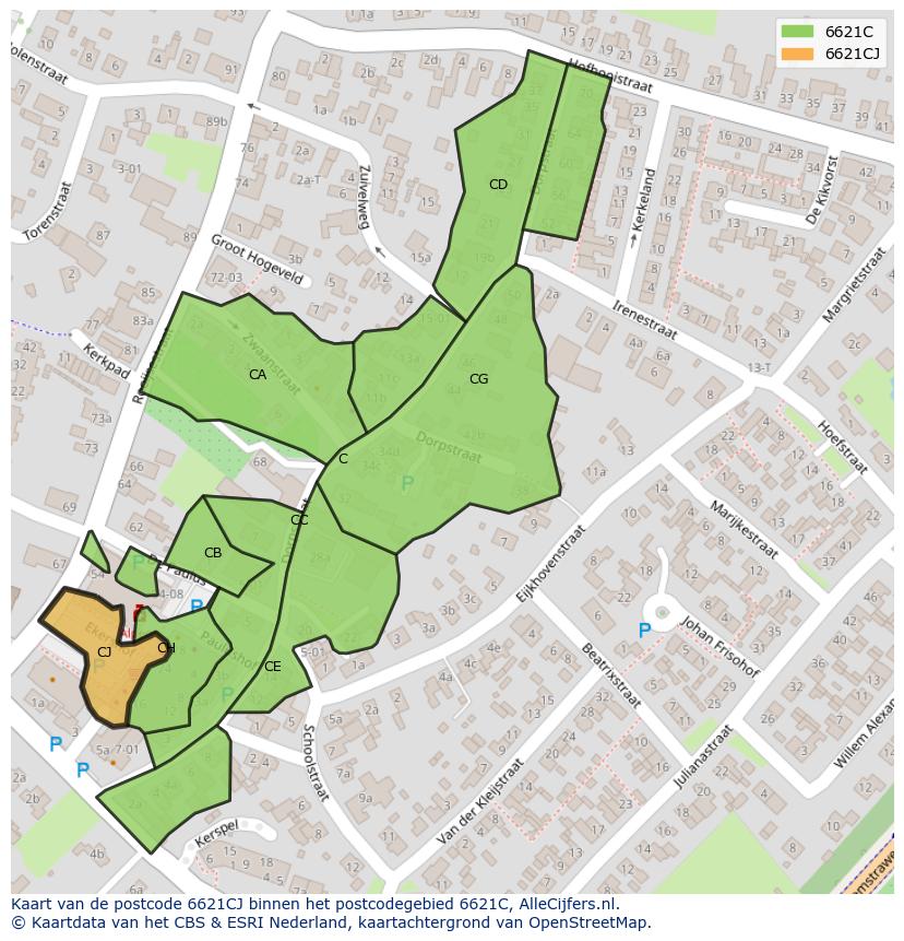 Afbeelding van het postcodegebied 6621 CJ op de kaart.