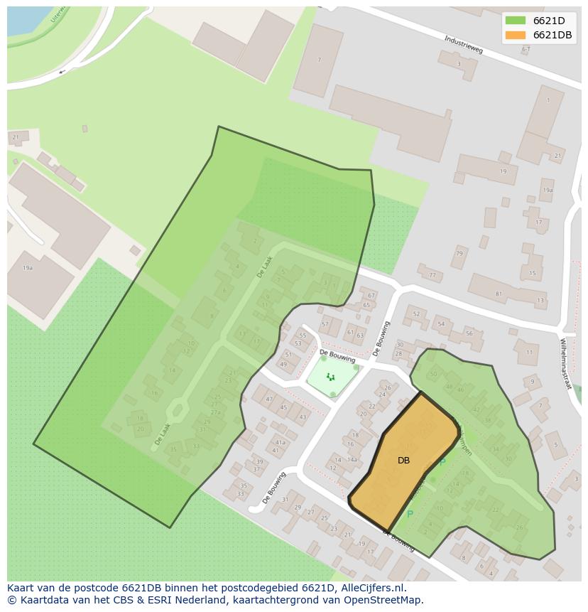 Afbeelding van het postcodegebied 6621 DB op de kaart.