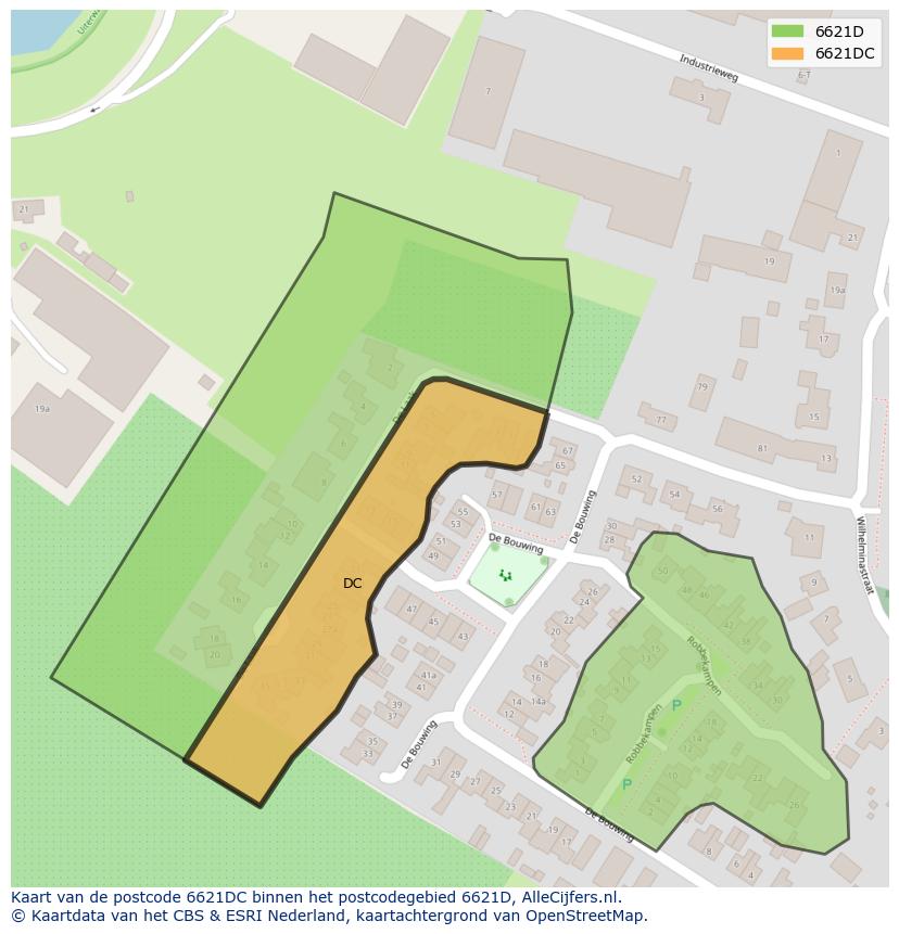 Afbeelding van het postcodegebied 6621 DC op de kaart.