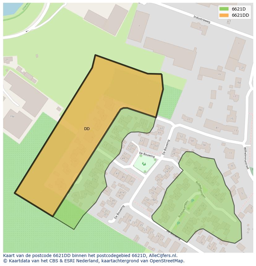 Afbeelding van het postcodegebied 6621 DD op de kaart.