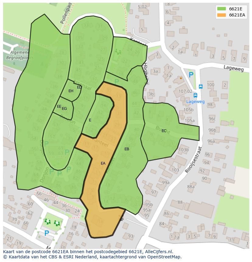 Afbeelding van het postcodegebied 6621 EA op de kaart.