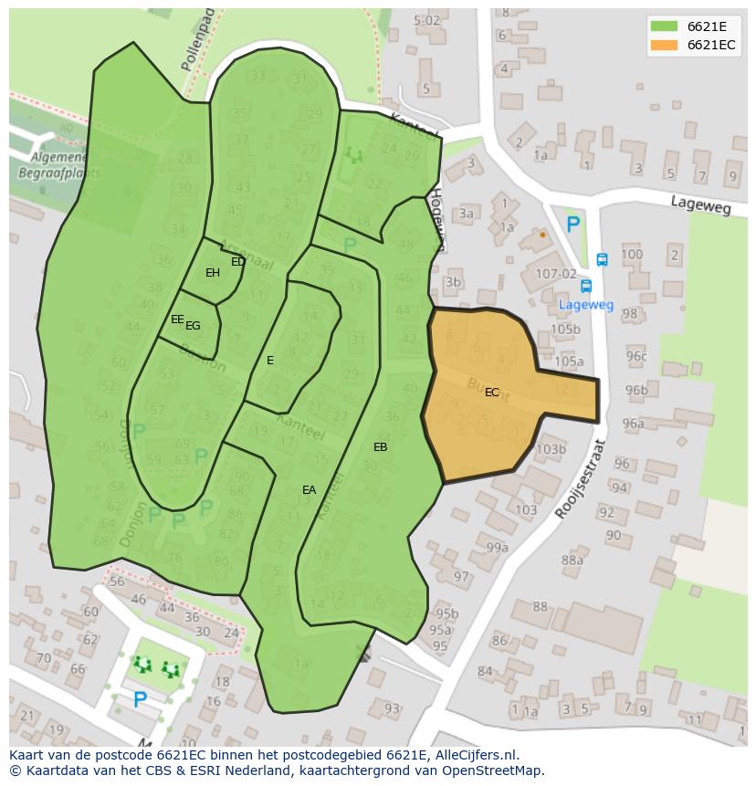 Afbeelding van het postcodegebied 6621 EC op de kaart.