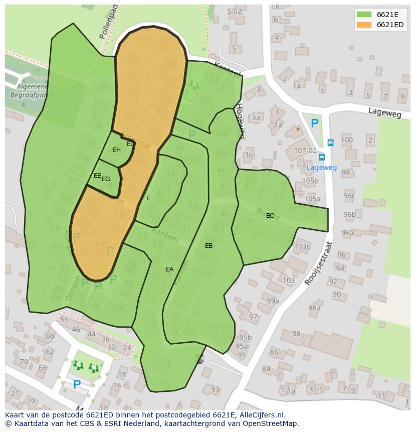 Afbeelding van het postcodegebied 6621 ED op de kaart.