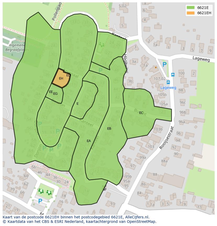 Afbeelding van het postcodegebied 6621 EH op de kaart.