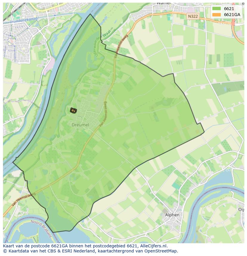 Afbeelding van het postcodegebied 6621 GA op de kaart.