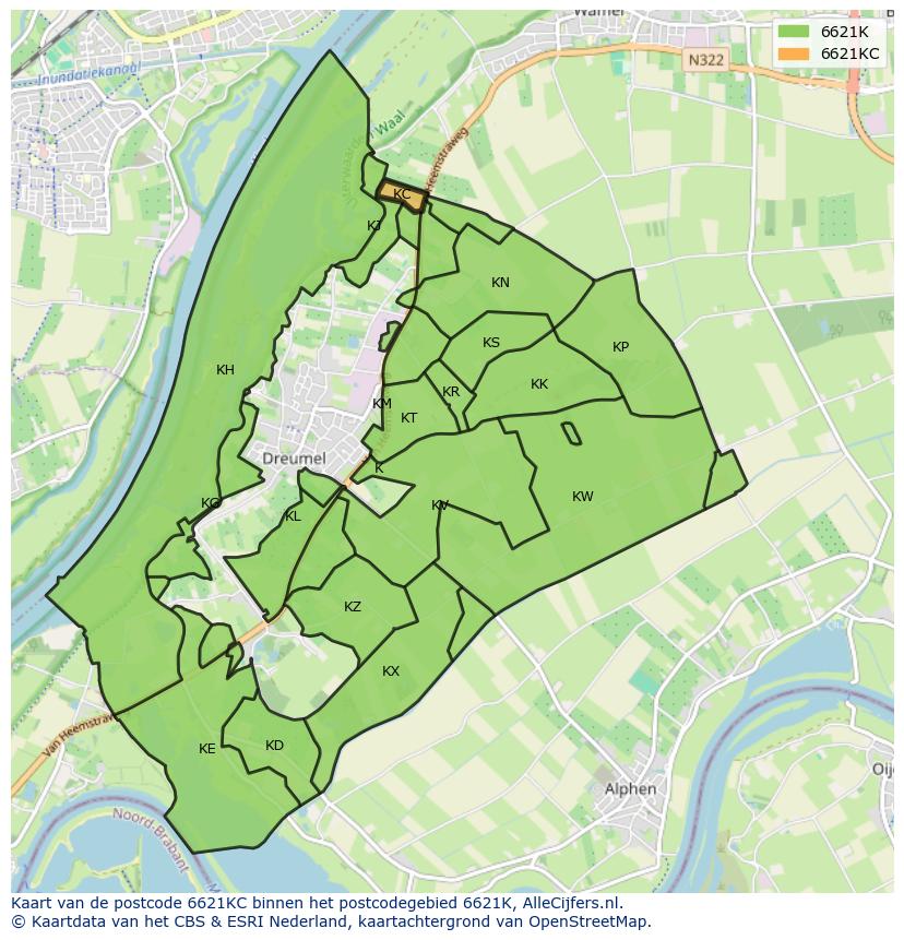 Afbeelding van het postcodegebied 6621 KC op de kaart.