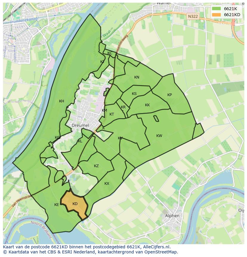 Afbeelding van het postcodegebied 6621 KD op de kaart.
