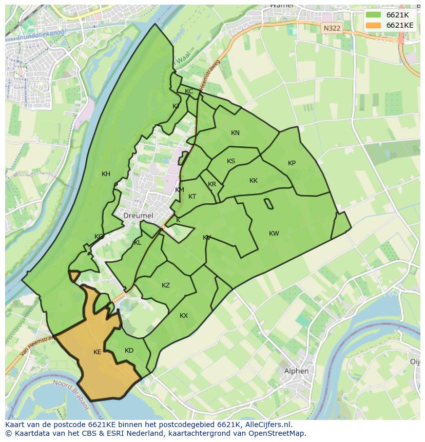 Afbeelding van het postcodegebied 6621 KE op de kaart.