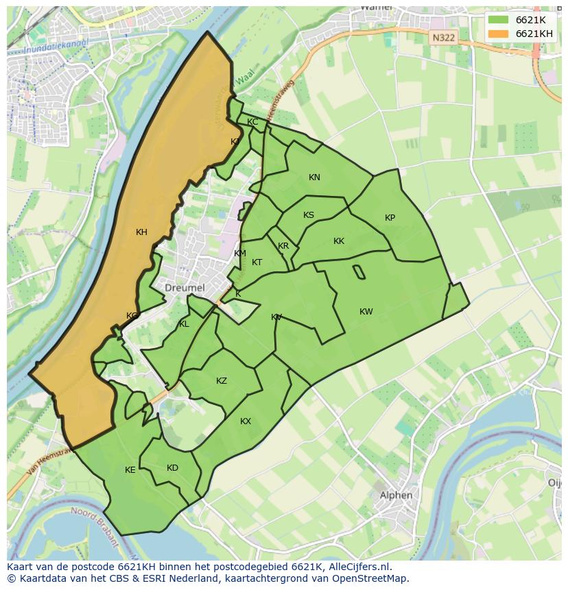 Afbeelding van het postcodegebied 6621 KH op de kaart.
