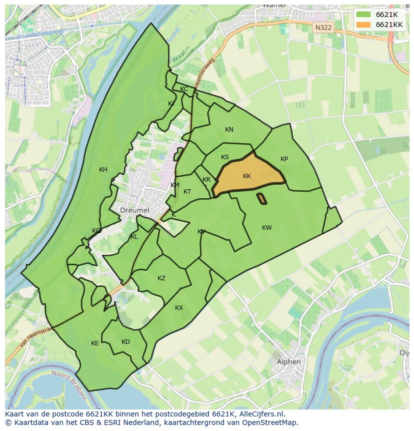 Afbeelding van het postcodegebied 6621 KK op de kaart.