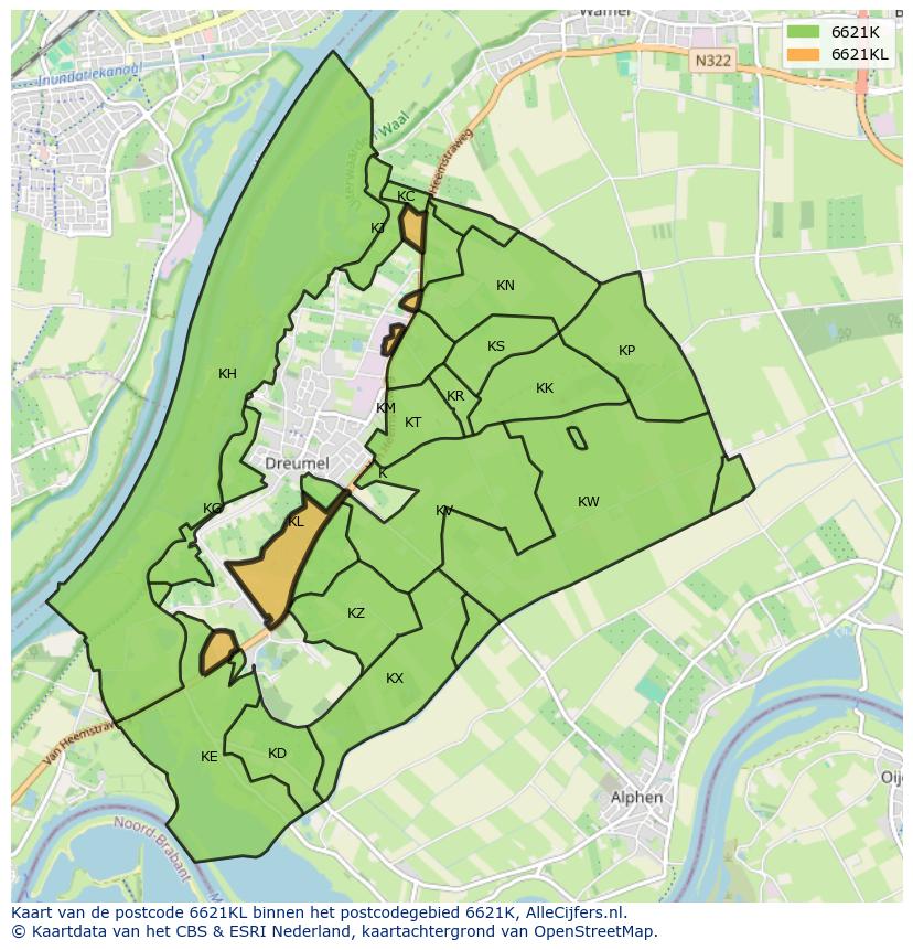 Afbeelding van het postcodegebied 6621 KL op de kaart.