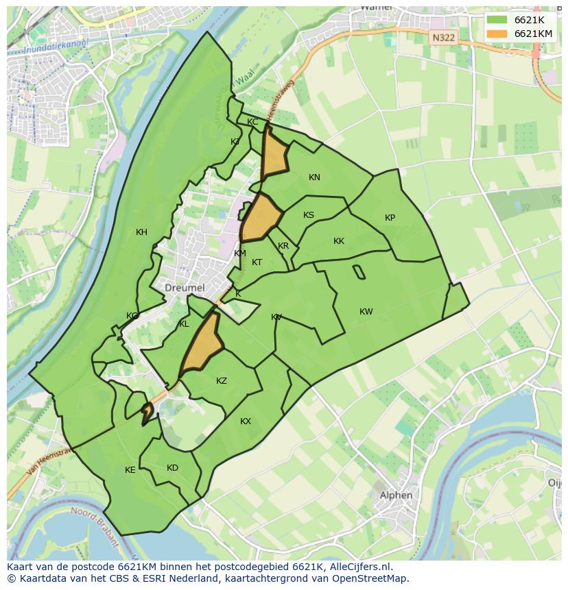 Afbeelding van het postcodegebied 6621 KM op de kaart.