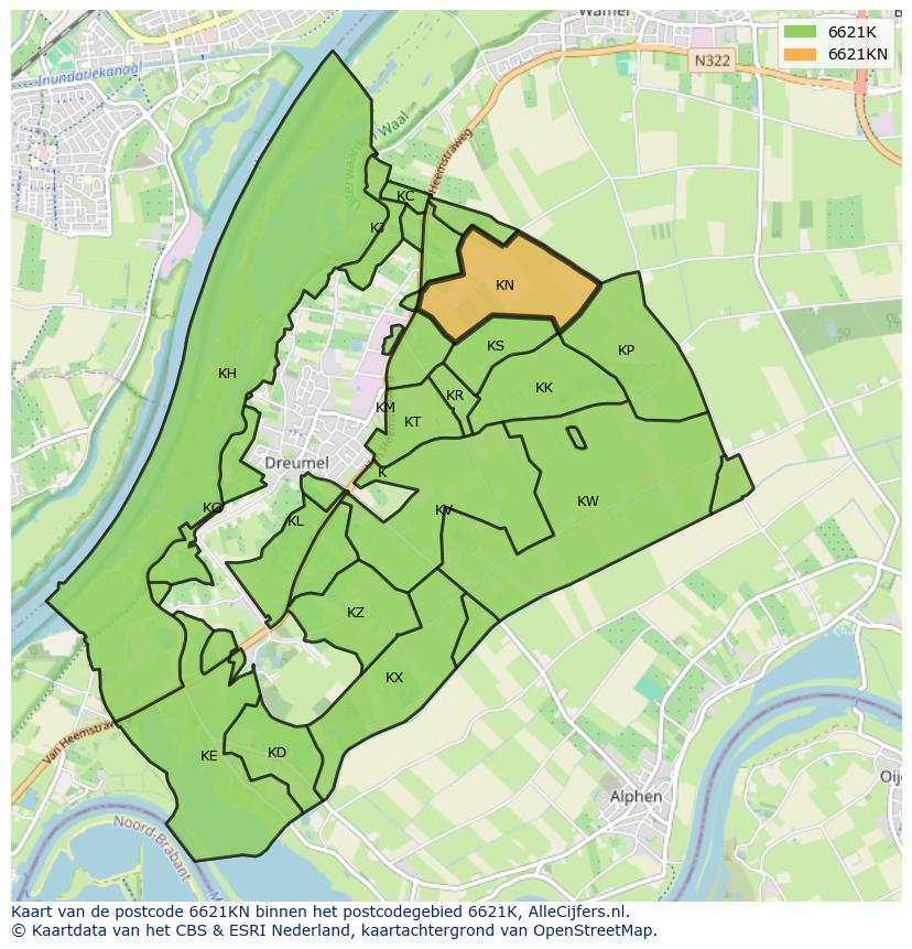 Afbeelding van het postcodegebied 6621 KN op de kaart.