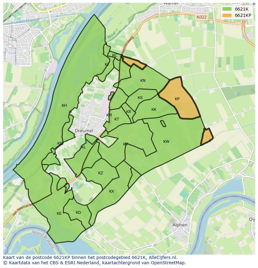 Afbeelding van het postcodegebied 6621 KP op de kaart.