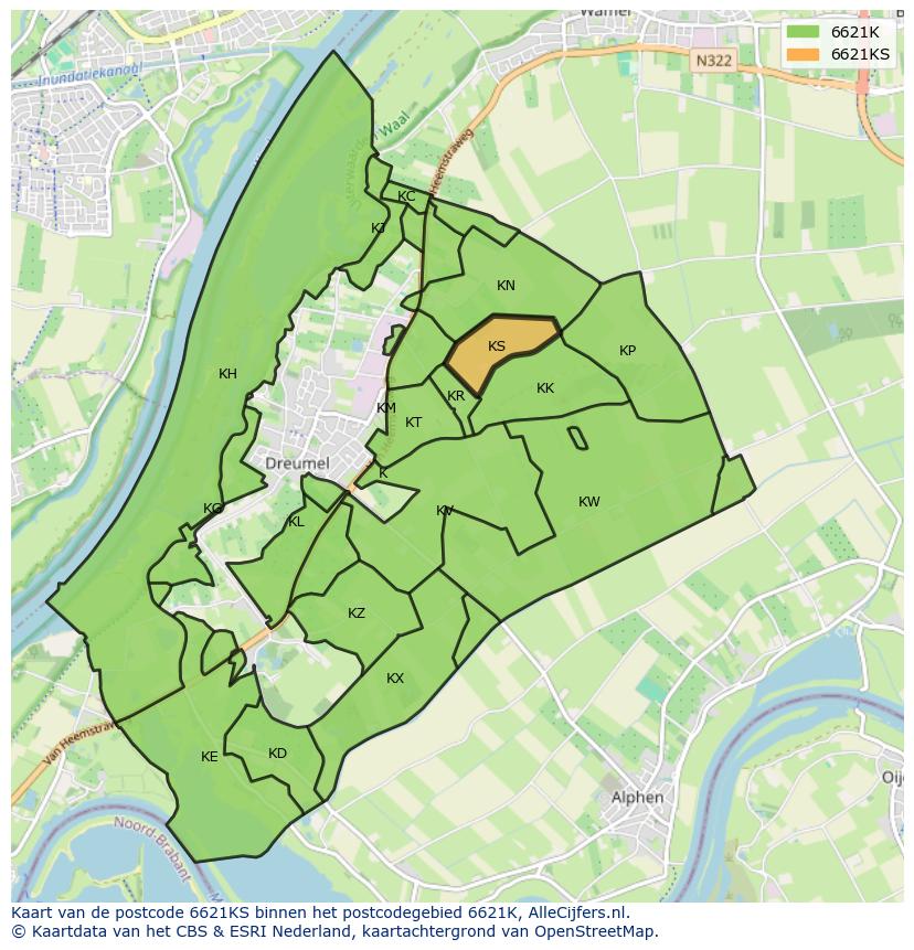 Afbeelding van het postcodegebied 6621 KS op de kaart.