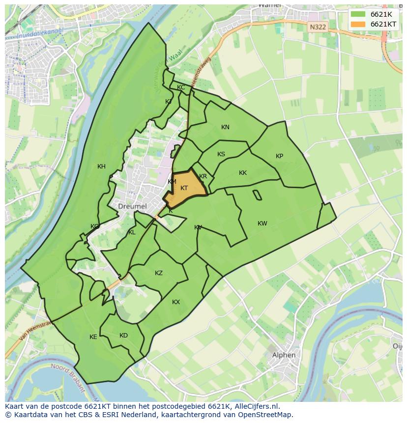 Afbeelding van het postcodegebied 6621 KT op de kaart.