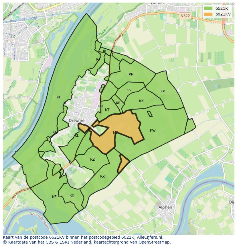 Afbeelding van het postcodegebied 6621 KV op de kaart.