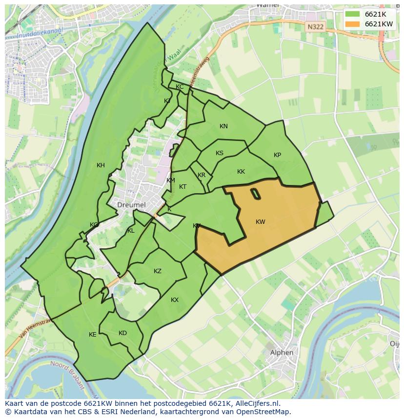 Afbeelding van het postcodegebied 6621 KW op de kaart.