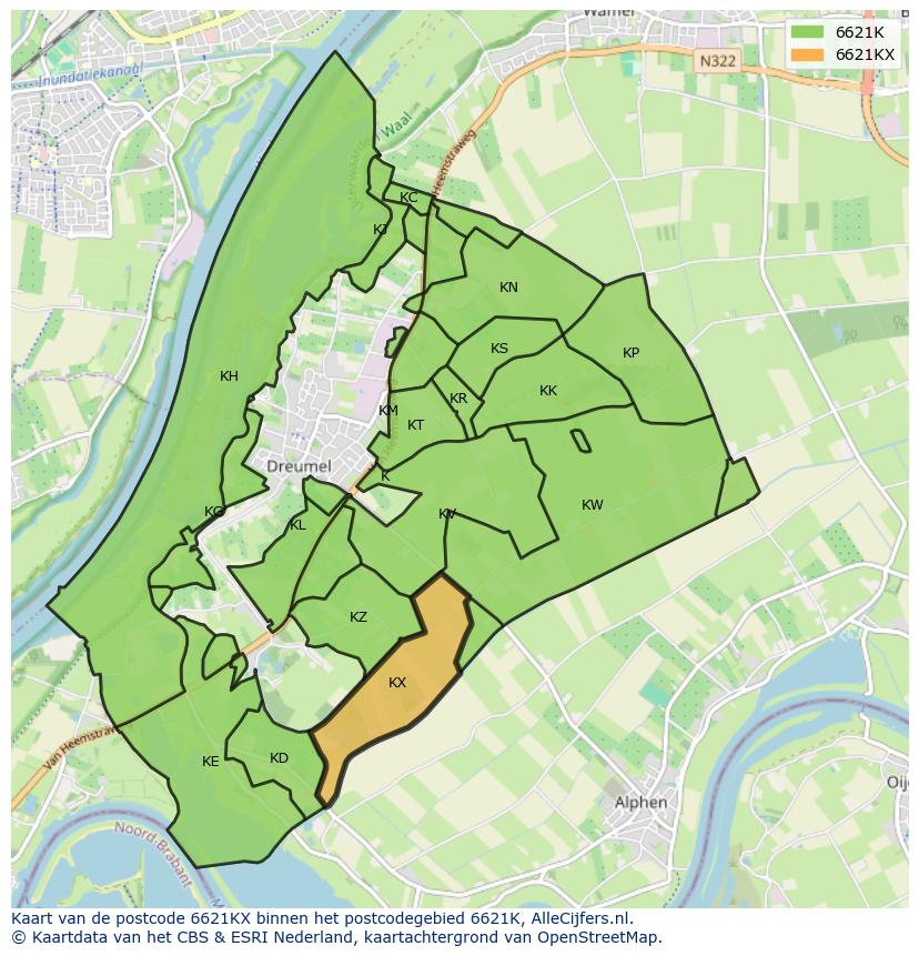 Afbeelding van het postcodegebied 6621 KX op de kaart.