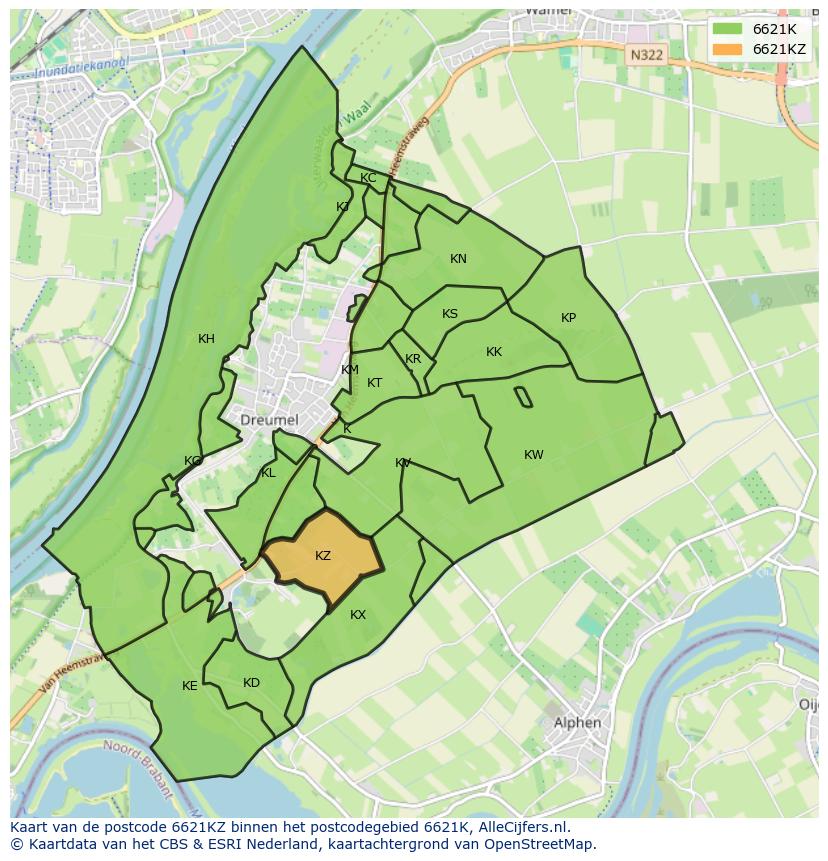 Afbeelding van het postcodegebied 6621 KZ op de kaart.