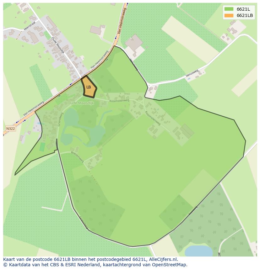 Afbeelding van het postcodegebied 6621 LB op de kaart.