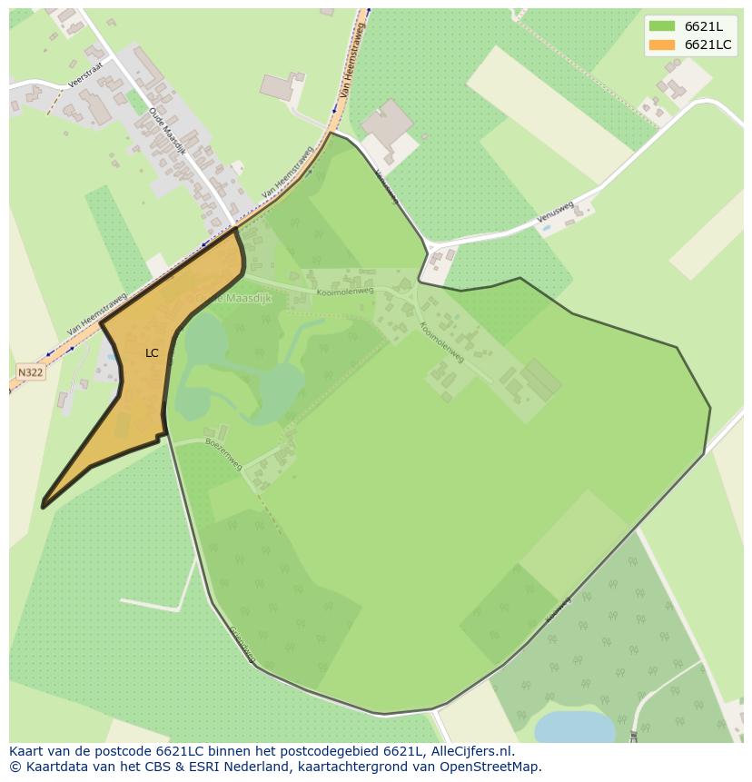 Afbeelding van het postcodegebied 6621 LC op de kaart.