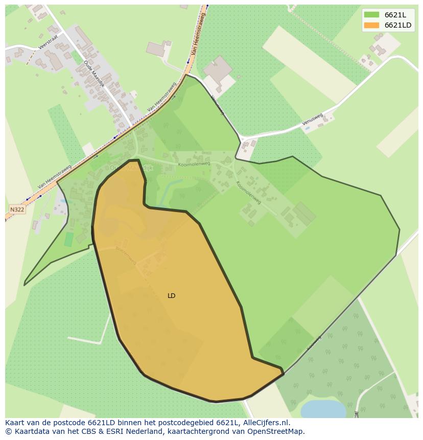 Afbeelding van het postcodegebied 6621 LD op de kaart.