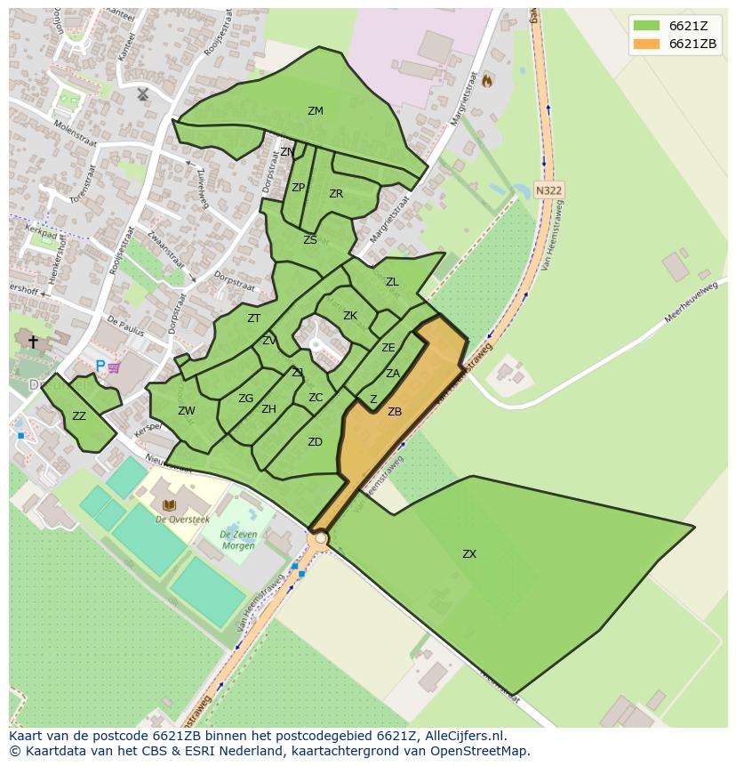 Afbeelding van het postcodegebied 6621 ZB op de kaart.