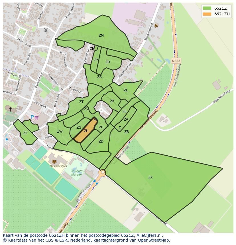 Afbeelding van het postcodegebied 6621 ZH op de kaart.