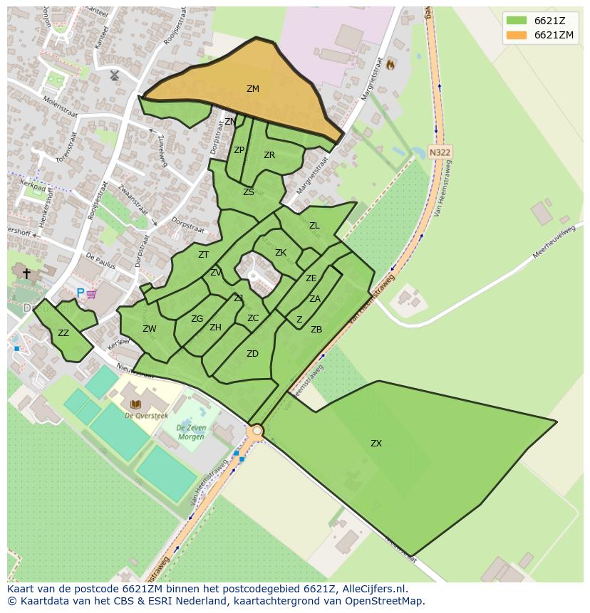 Afbeelding van het postcodegebied 6621 ZM op de kaart.