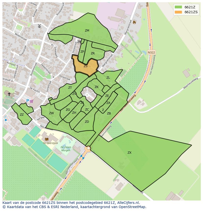 Afbeelding van het postcodegebied 6621 ZS op de kaart.