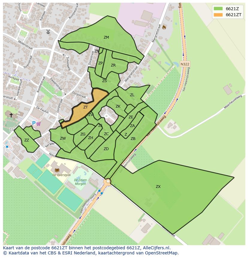 Afbeelding van het postcodegebied 6621 ZT op de kaart.