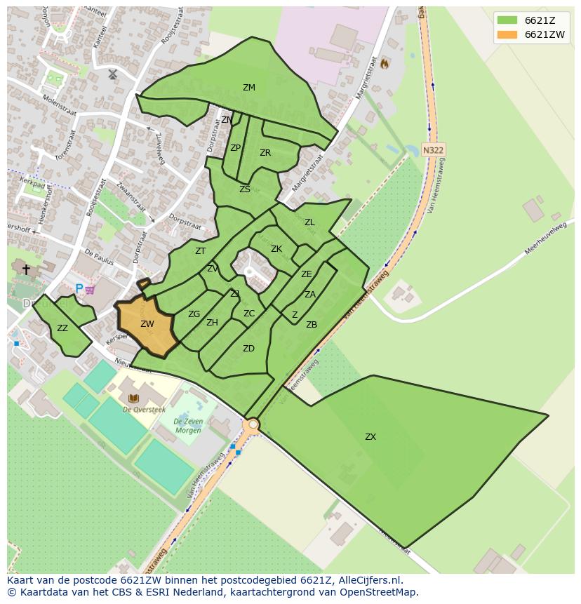 Afbeelding van het postcodegebied 6621 ZW op de kaart.
