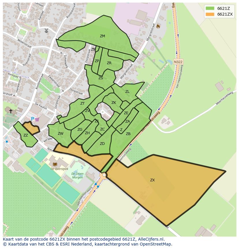 Afbeelding van het postcodegebied 6621 ZX op de kaart.