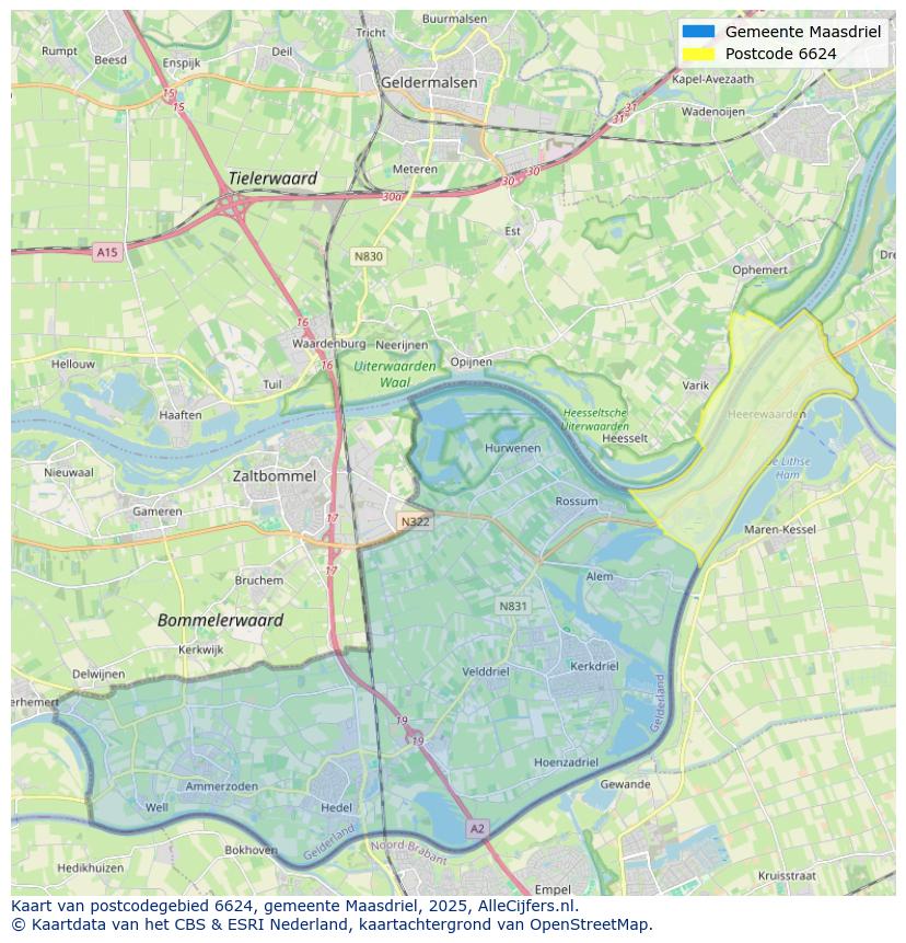 Afbeelding van het postcodegebied 6624 op de kaart.