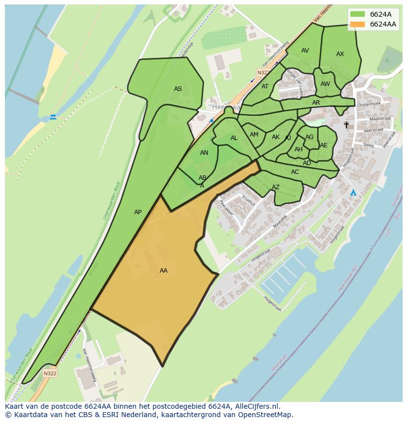Afbeelding van het postcodegebied 6624 AA op de kaart.