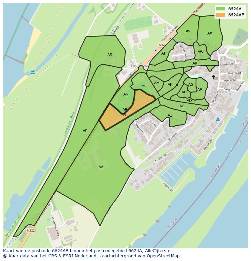 Afbeelding van het postcodegebied 6624 AB op de kaart.