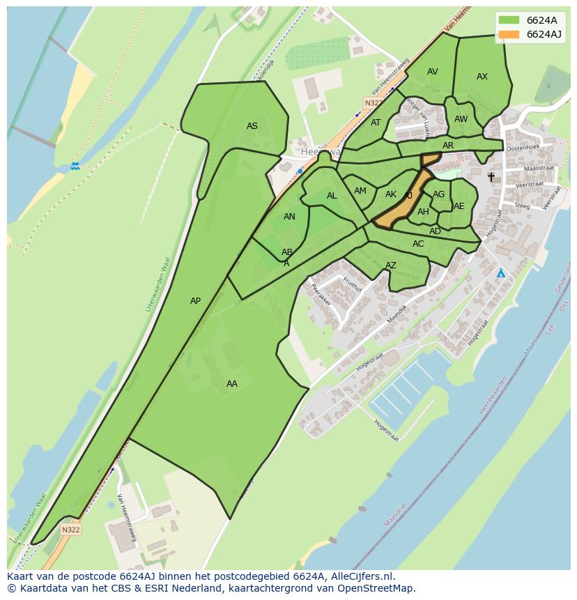 Afbeelding van het postcodegebied 6624 AJ op de kaart.