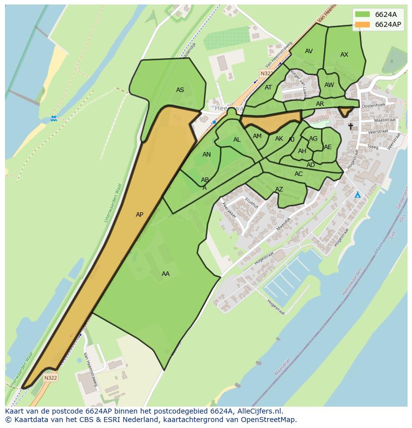 Afbeelding van het postcodegebied 6624 AP op de kaart.